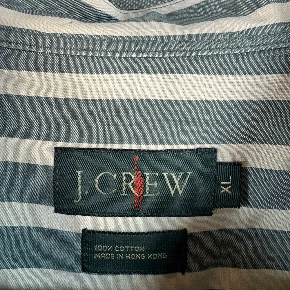 Vintage J. Crew Mens XL Green Cream Striped Cotton Button Down Shirt Long Sleeve